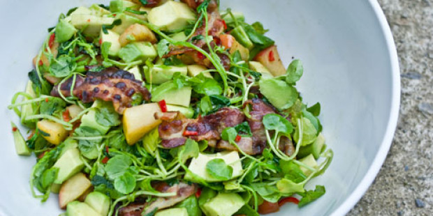 Salade van Avocado, Waterkers en Spek
